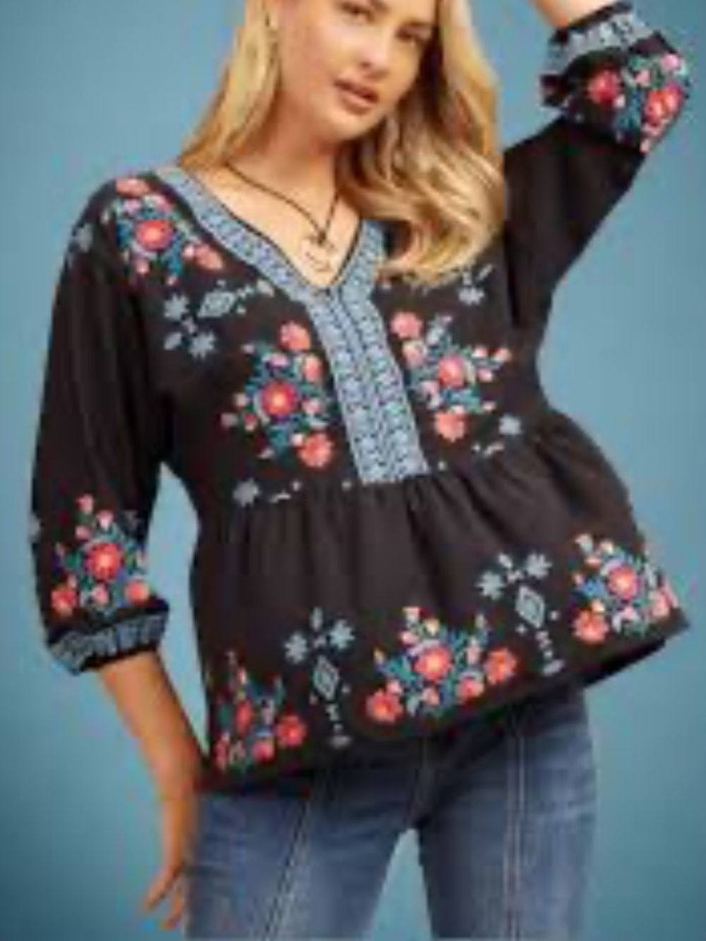 Savanna Jane Black Floral Embroidered Peplum Blouse